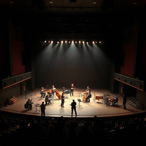 Artiesten oefenen op een podium in een theater met sfeervolle belichting.