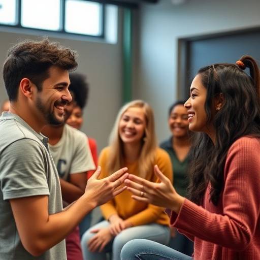 Een groep studenten lachend tijdens een acteertraining binnen.