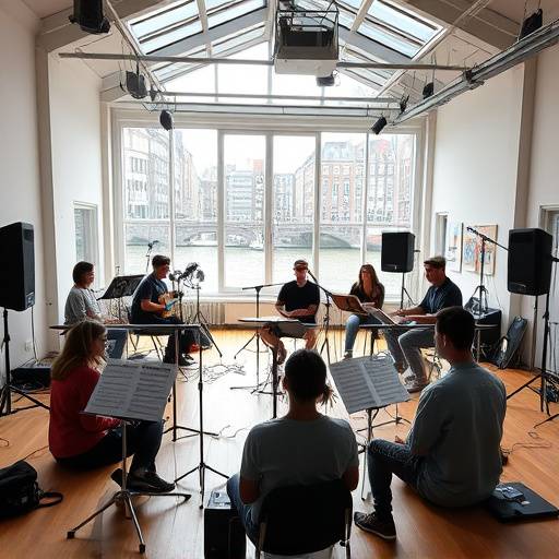 Foto van studenten die repeteren in de grotere studio aan de Keizersgracht.