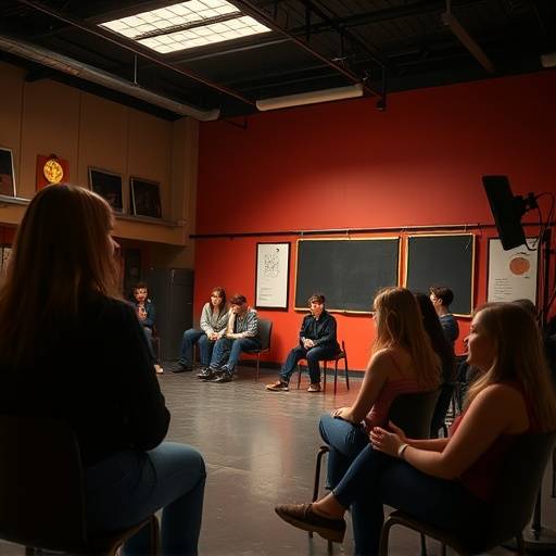 Het interieur van de acteerschool met een klas die oefent