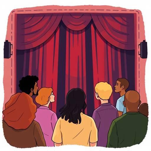 Illustratie van diverse mensen die samen theater spelen, wat inclusie en toegankelijkheid symboliseert.