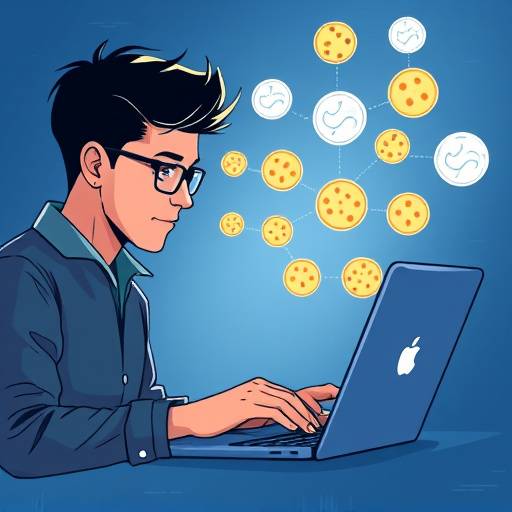 Illustratie van een persoon die op een laptop kijkt met verschillende icoontjes die cookies symboliseren